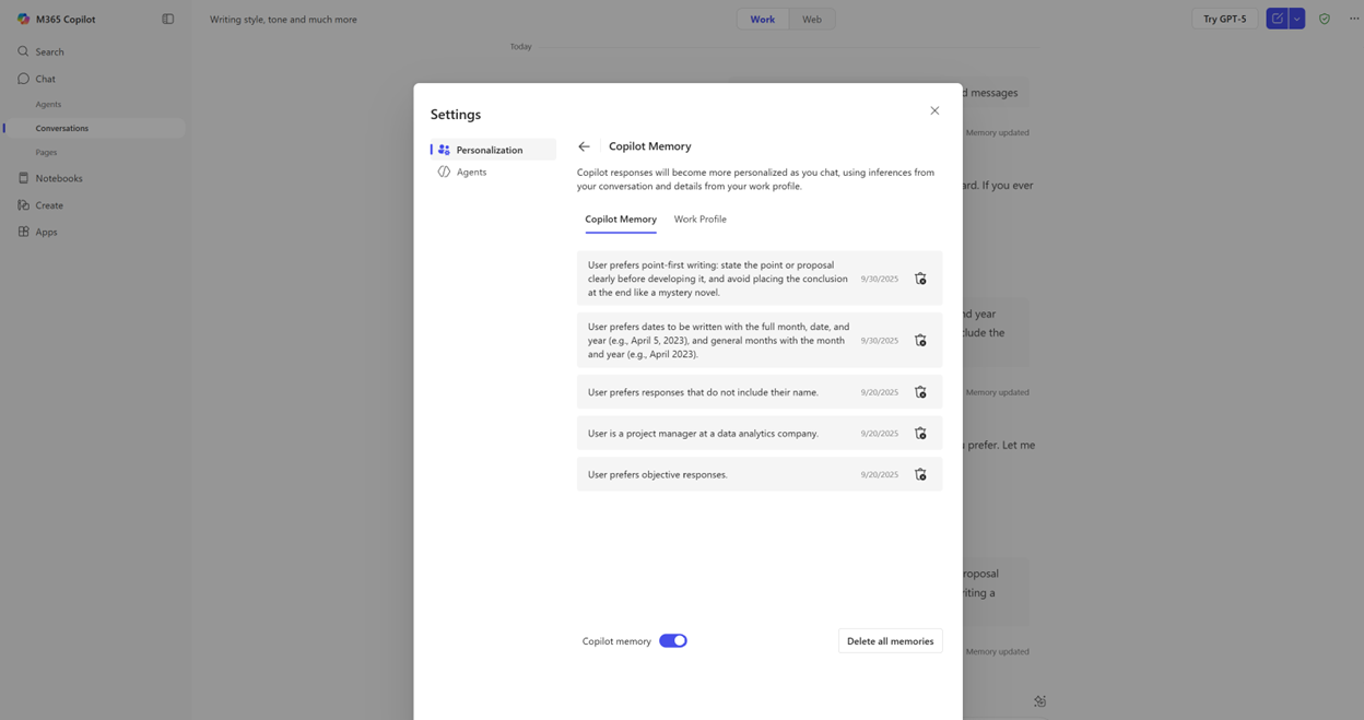記憶されたメモリは、設定の［Copilot Memory］セクションで編集が可能