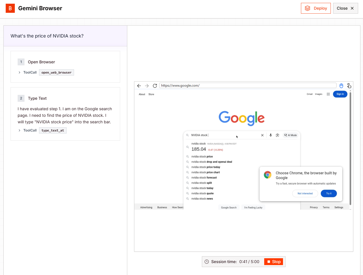 「Browserbase」でホストされているデモ。「Google 検索」でNVIDIAの株価を調べる