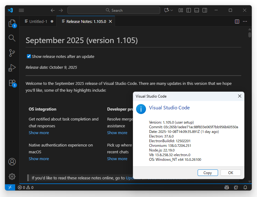 「Visual Studio Code」の2025年9月アップデート（v1.105.0）