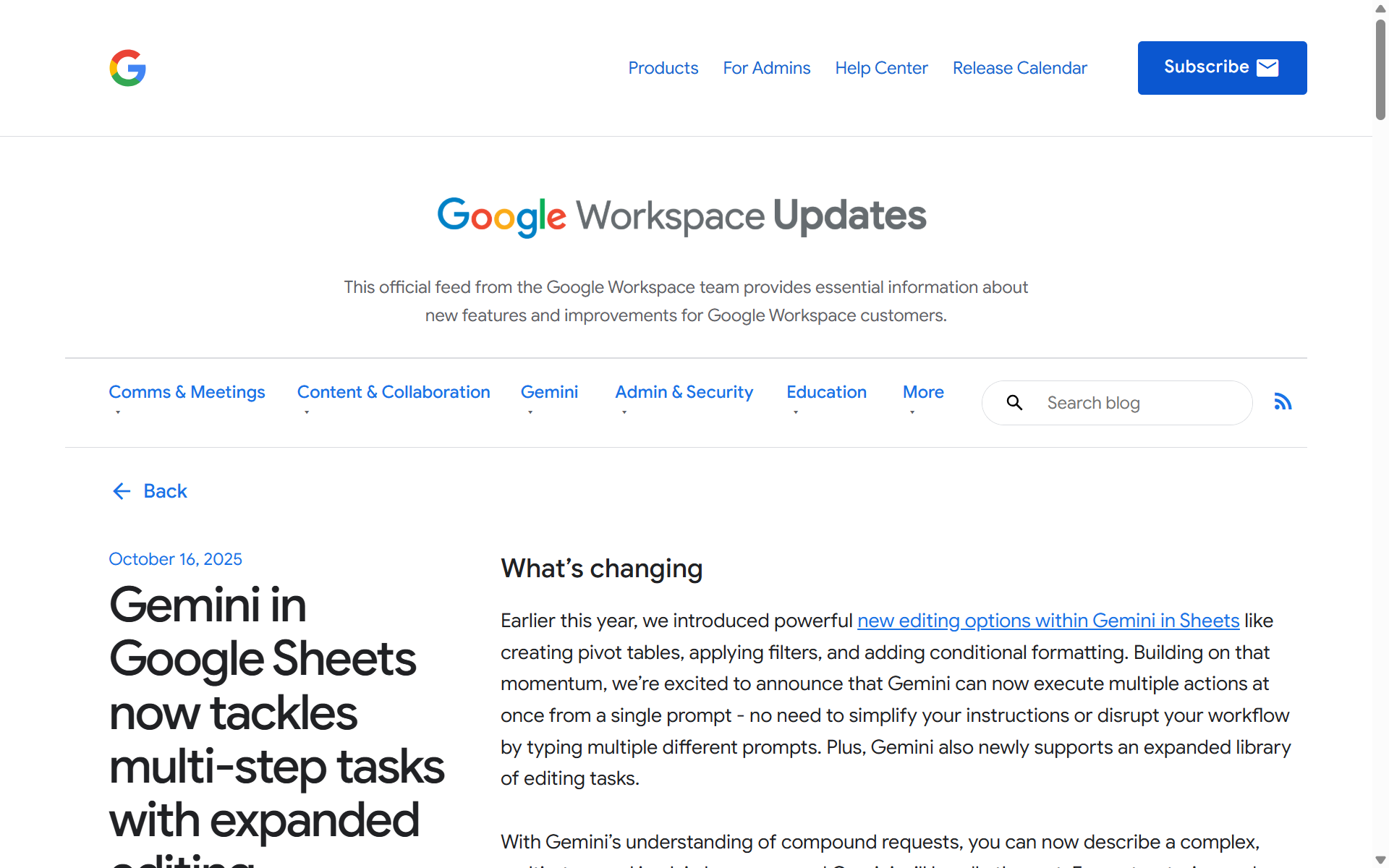 「Google スプレッドシート」、Geminiに一度で複数の指示が可能に