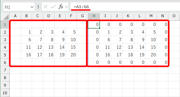 セルH1に「=A1:G6」と入力した状態。空白セルを参照している部分に「0」が表示されている