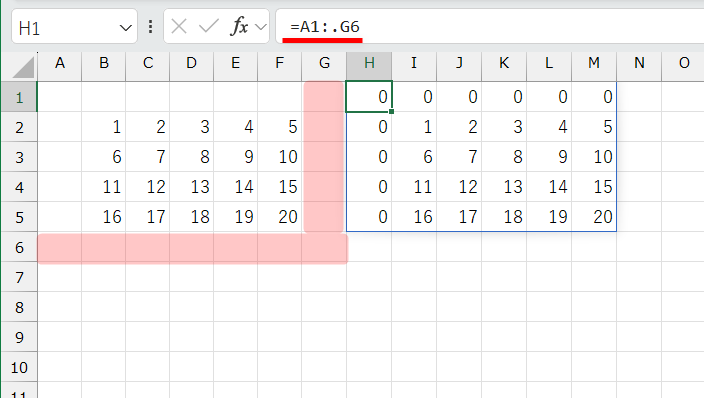 セルH1の数式を「=A1:.G6」と修正した。下と右の「0」が取り除かれている