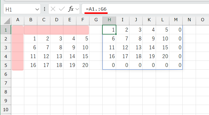 セルH1の数式を「=A1.:G6」と修正した。上と左の「0」が取り除かれている