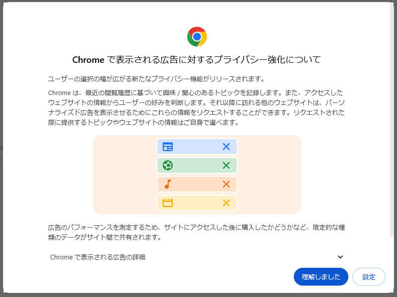 「Google Chrome」初回起動時における「プライバシー サンドボックス」の案内。閲覧履歴からユーザーが興味・関心のあるトピックを記録し、リクエストのあった広告主に提供する仕組みで、ユーザー側でトピックを削除することもできた