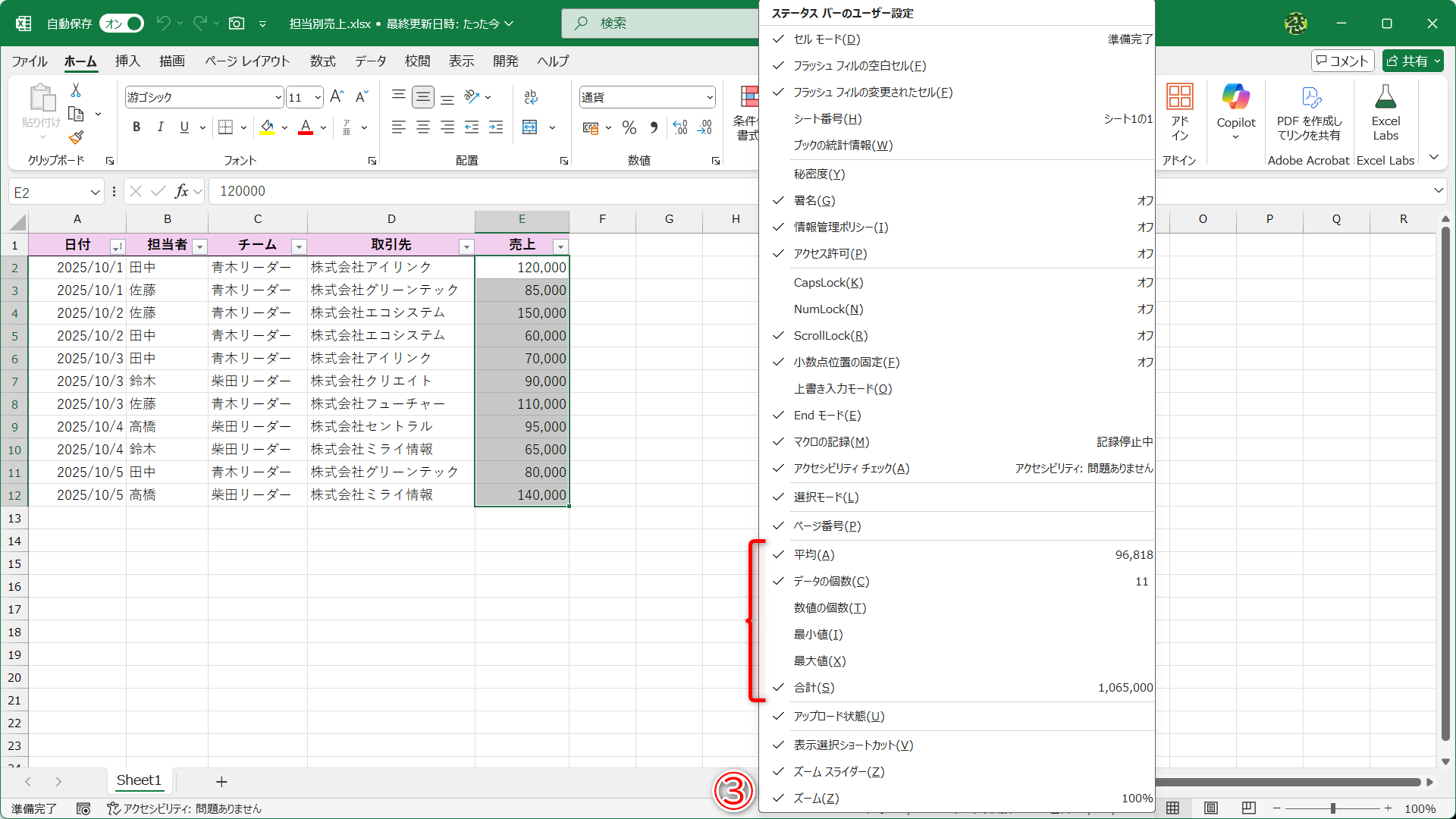 表示される項目が異なる場合はステータスバーの何もないところを右クリック（③）してチェックを付けます