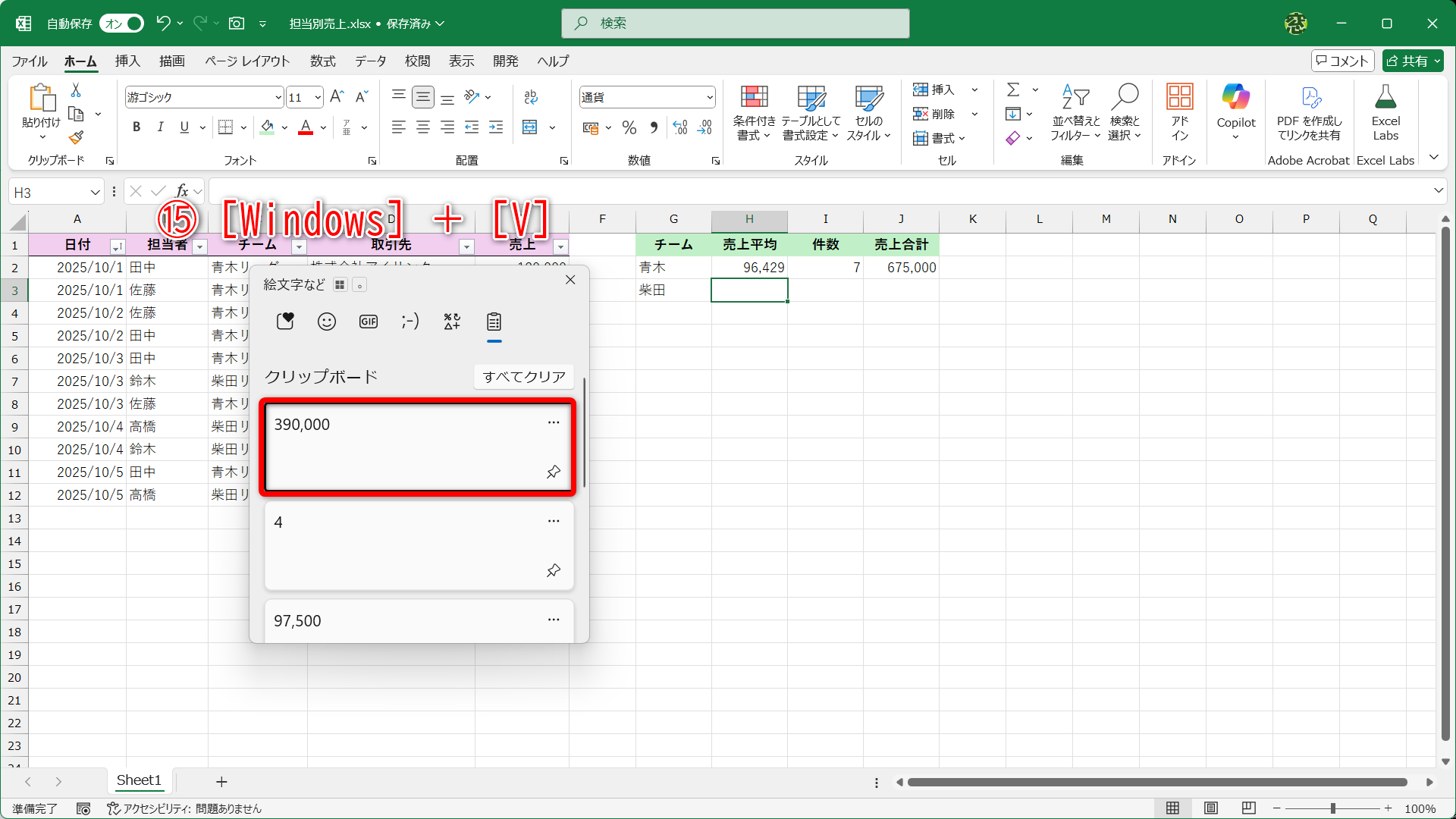 ［Windows］＋［V］キーを押して（⑮）、クリップボードを呼び出した状態です。必要な値をクリックして貼り付けることができます