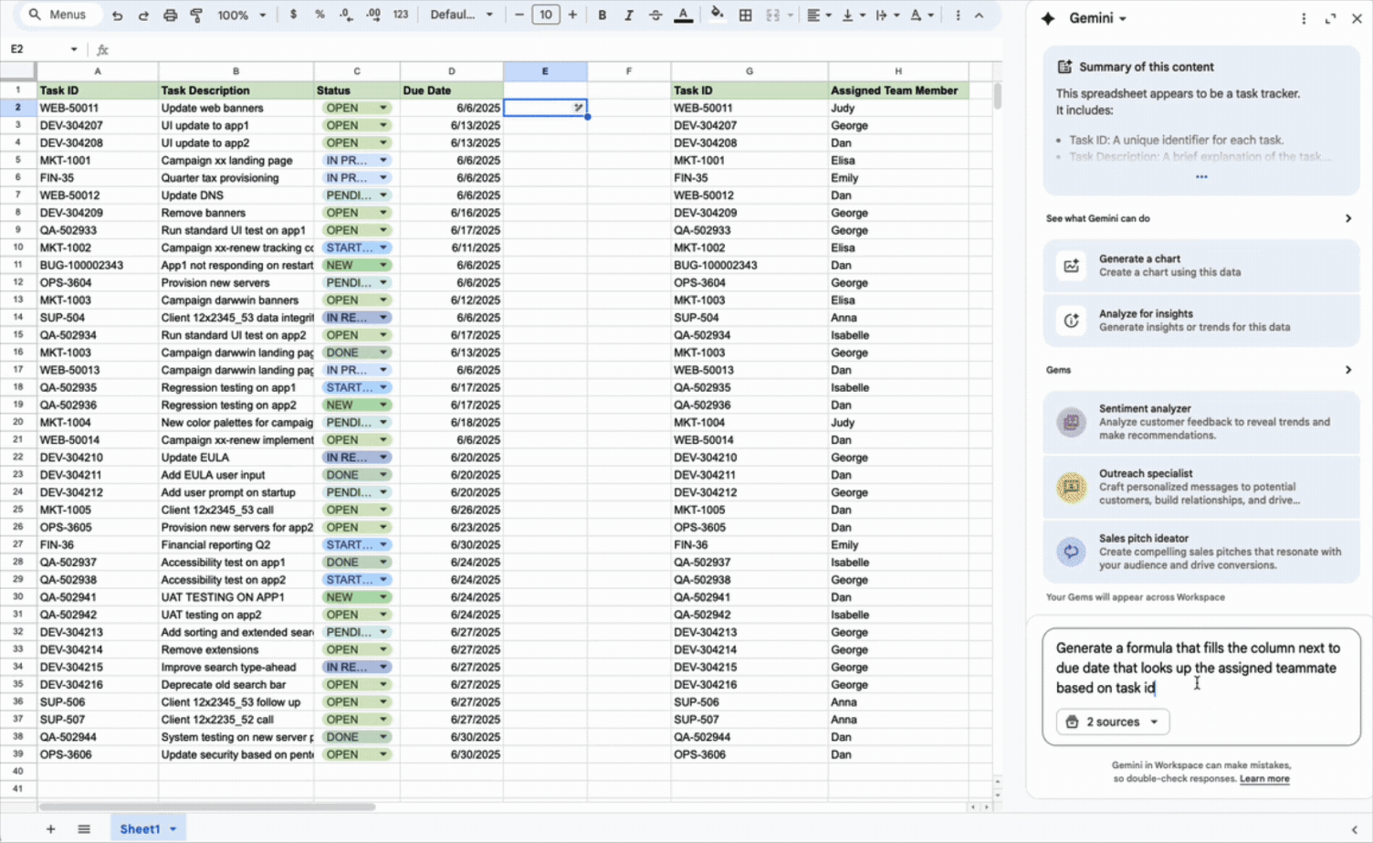 「タスクIDに基づいて割り当てられたチームメイトを検索し、期日の横の列を埋める数式を生成してください」と指示