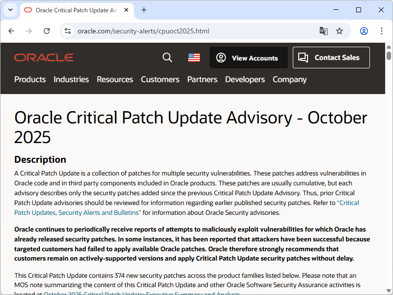 Oracle、定例セキュリティアップデートを実施