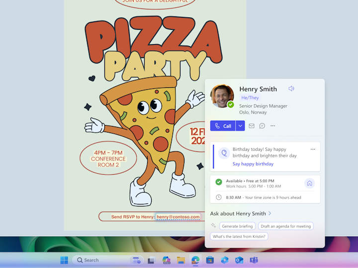 自社の「Microsoft 365」メールアドレスを認識して、ライブペルソナカードを表示