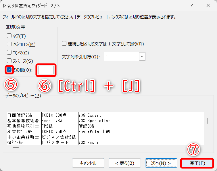 ［その他］（⑤）にチェックを付けて入力欄を選択し、［Ctrl］＋［J］キーを押します（⑥）。ピリオドのような記号が点滅することが確認できます。［完了］（⑦）をクリックします