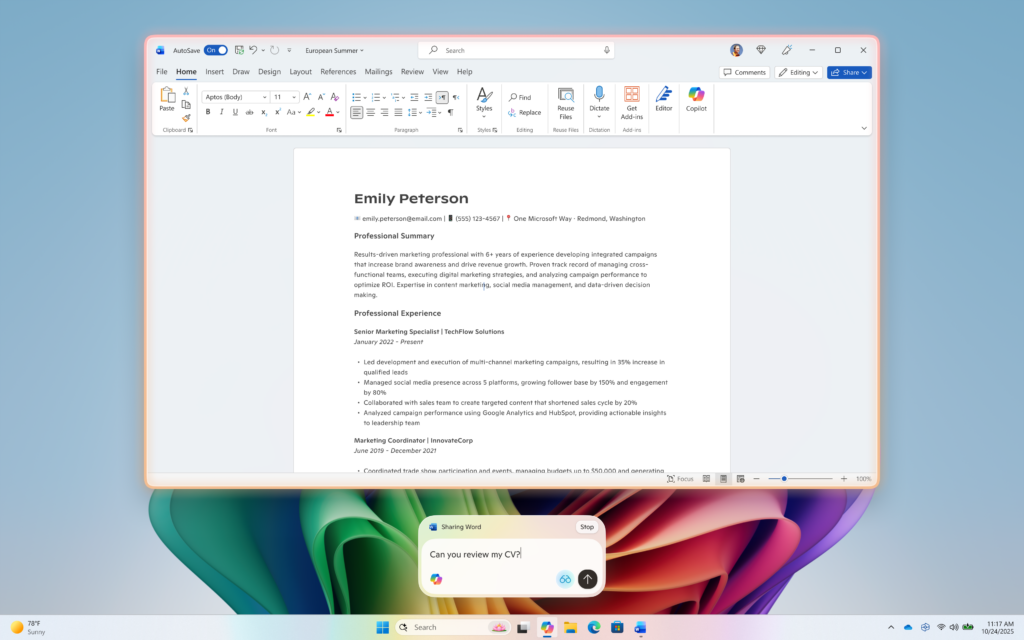 テキストで「Copilot Vision」と対話。共有ウィンドウの周りには赤いオーラエフェクト