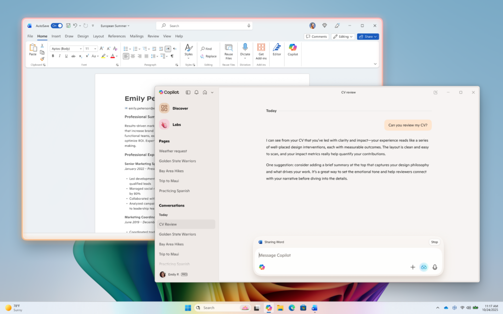 テキストで質問すると、回答がテキストで「Copilot」ウィンドウに出力される