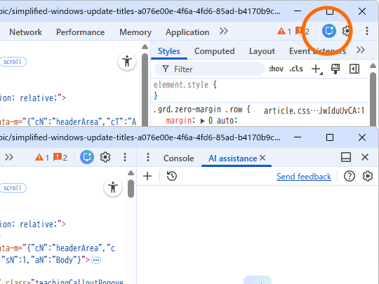 右上隅のAIボタンをクリックすれば、どこからでも［AI アシスタンス］パネルを開ける（英語のみ）