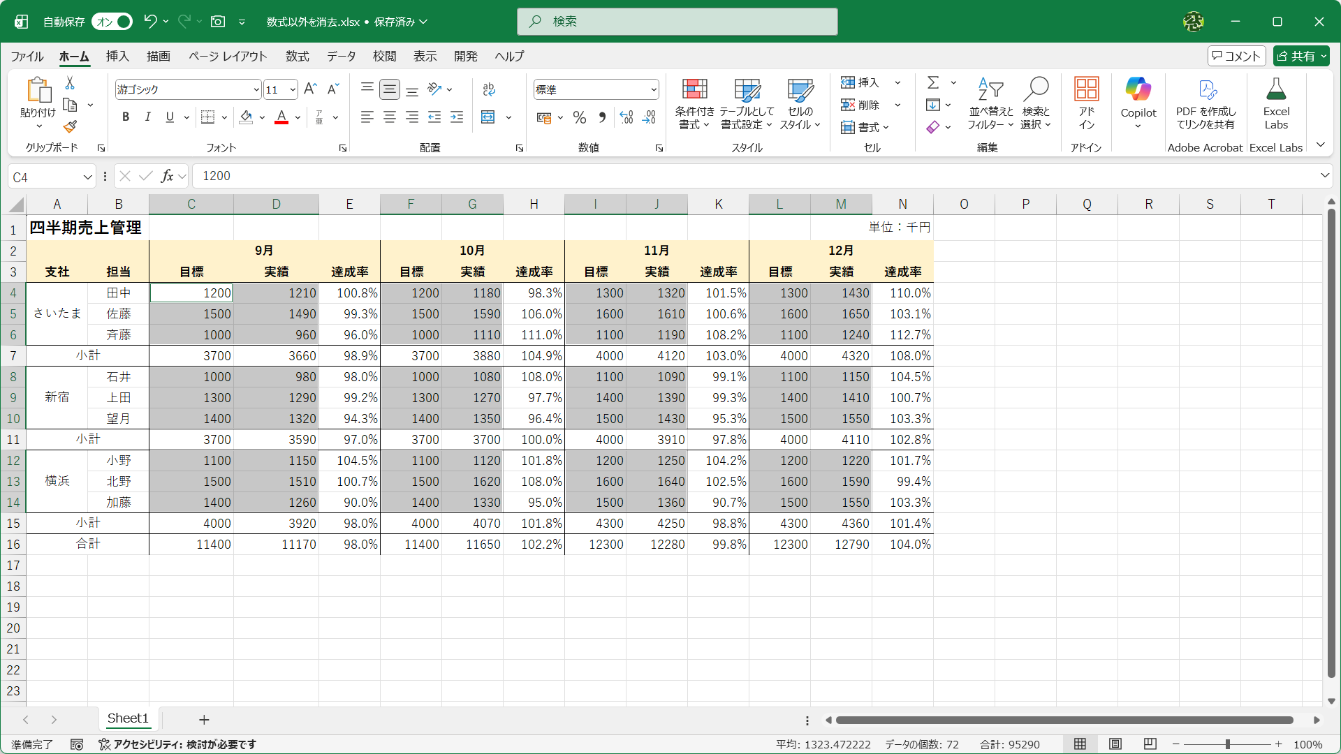 数式以外の「数値」を消去して表を再利用したい場合、該当のセルを選択して消去するのは面倒ですよね？