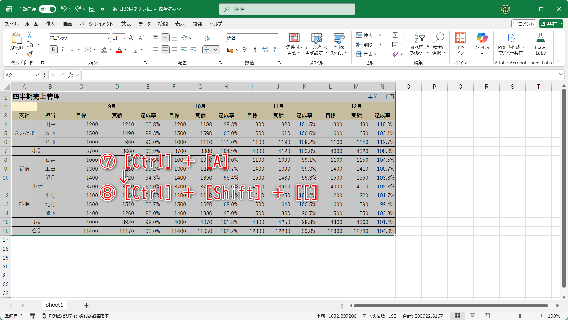 ［Ctrl］＋［A］キーを押して表全体を選択します（⑦）。続けて［Ctrl］＋［Shift］＋［［］キーを押します（⑧）