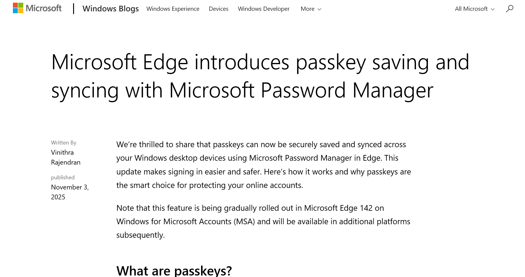 「Microsoft Edge」が複数Windowsデバイスでのパスキー同期が可能に
