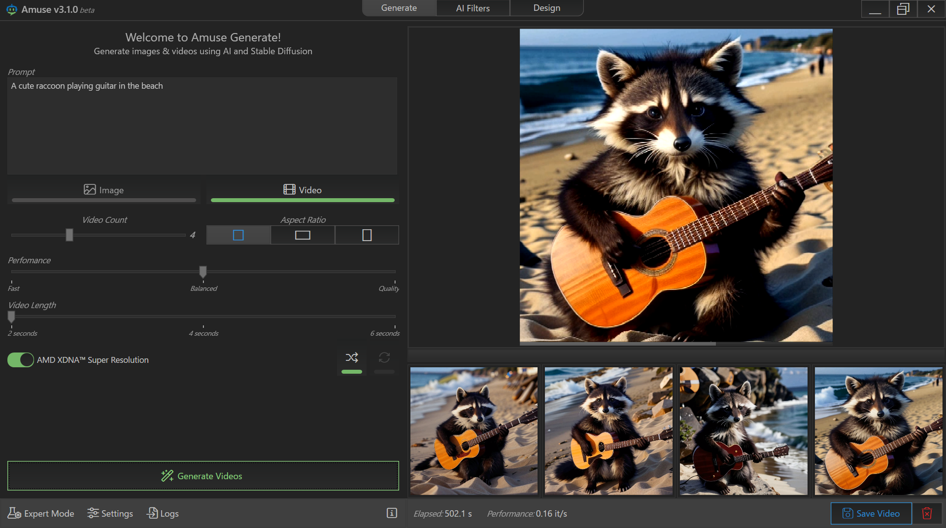 こちらは動画生成。ギターを弾くアライグマや、背景の波が動く