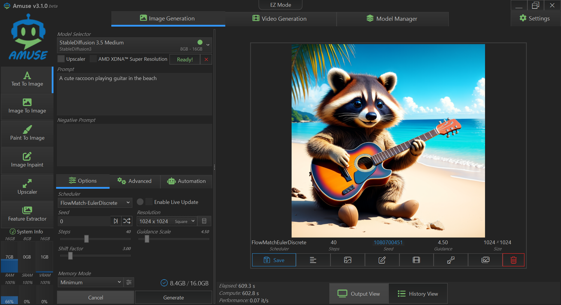 「Stable Diffusion 3.5 Medium」も動作した。さすがに処理時間はかなりかかる