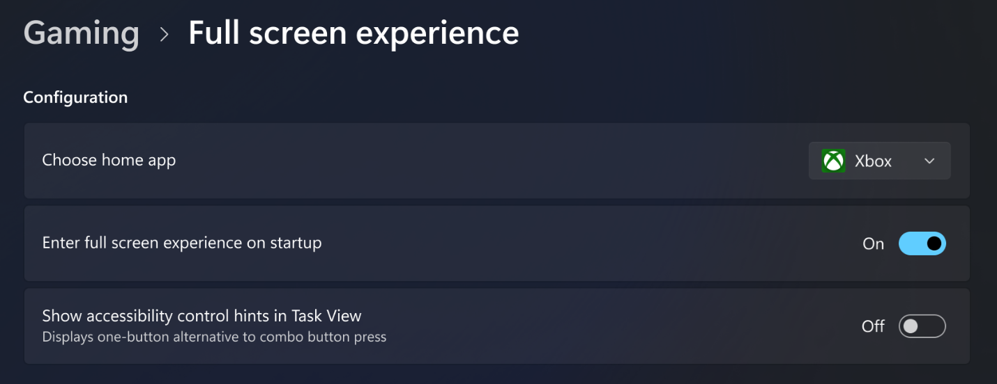 ［ゲーム］－［フルスクリーン体験］設定ページ