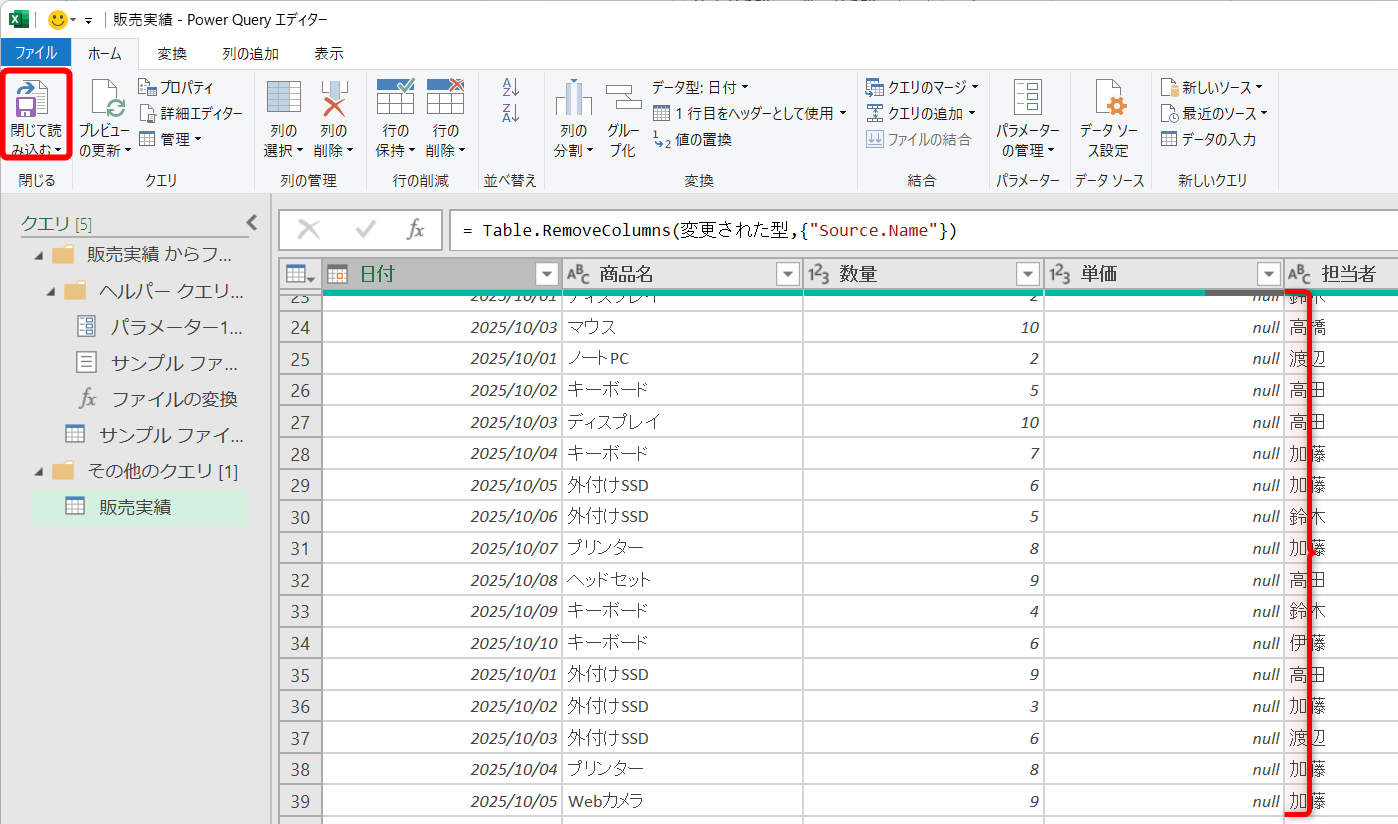 大阪支社のデータには「単価」列が存在していなかったので、「null」となっている。ここで修正しても構わないが、Excelに読み込んだ後にVLOOKUP / XLOOKUP関数などを使ってマスタデータから取り込んだほうがスマート。［閉じて読み込む］をクリックする