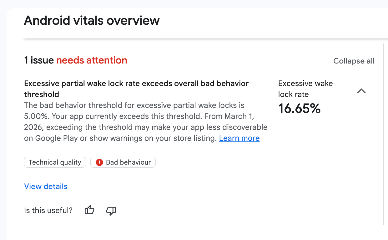「Android Vitals」の概要ページにアラート