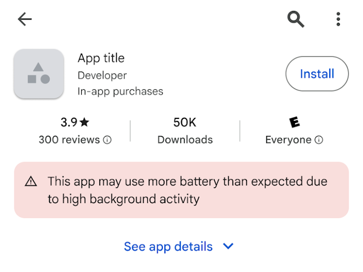 「Google Play」ストアのアプリページにバッテリー消耗を注意するメッセージが追加