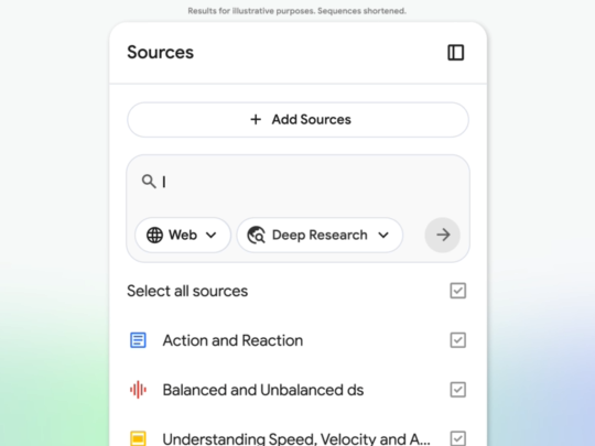 ソースを検索する際に対象を［Web］に、検索モードを［Deep Research］に