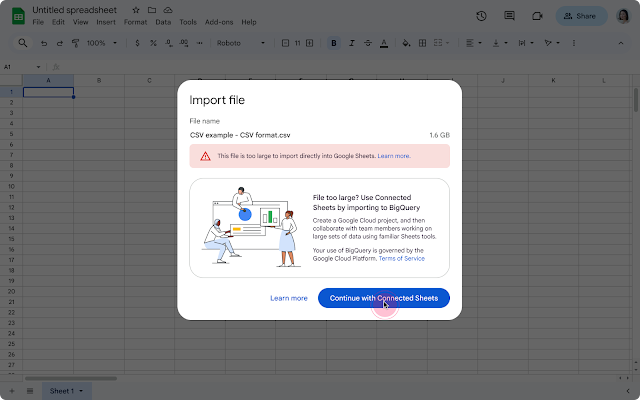 大規模ファイルをアップロードできない場合、コネクテッド シート機能を使用してインポート可能