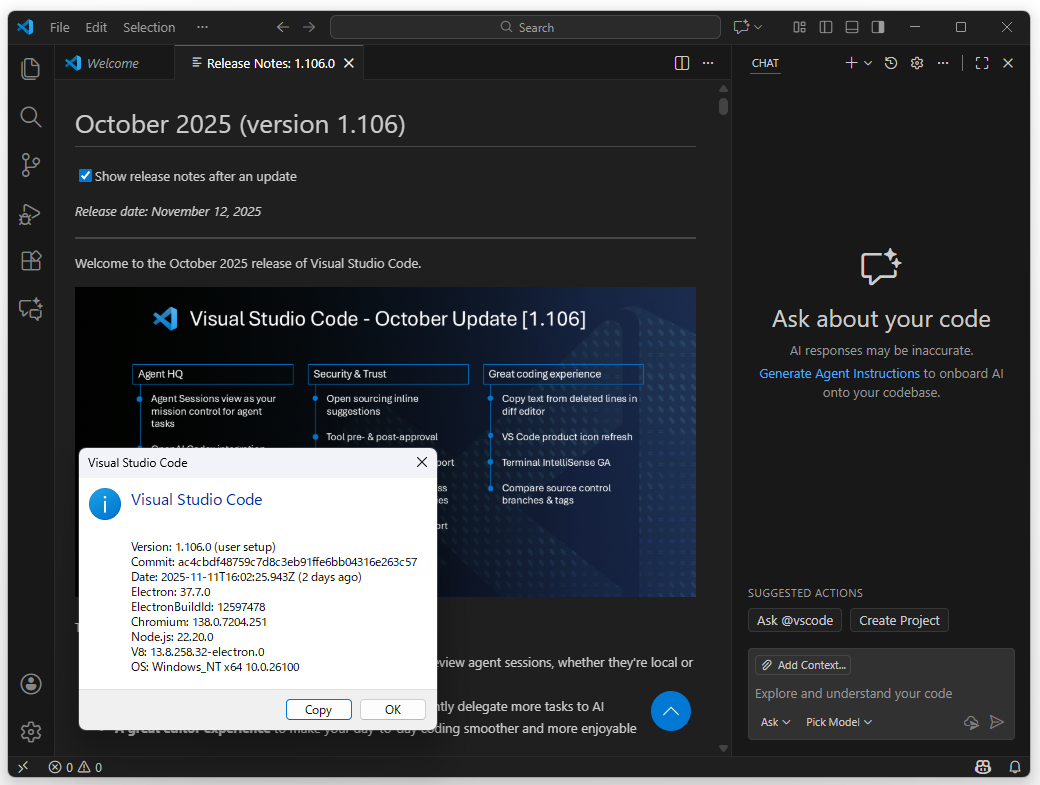 「Visual Studio Code」の2025年10月アップデート（v1.106）