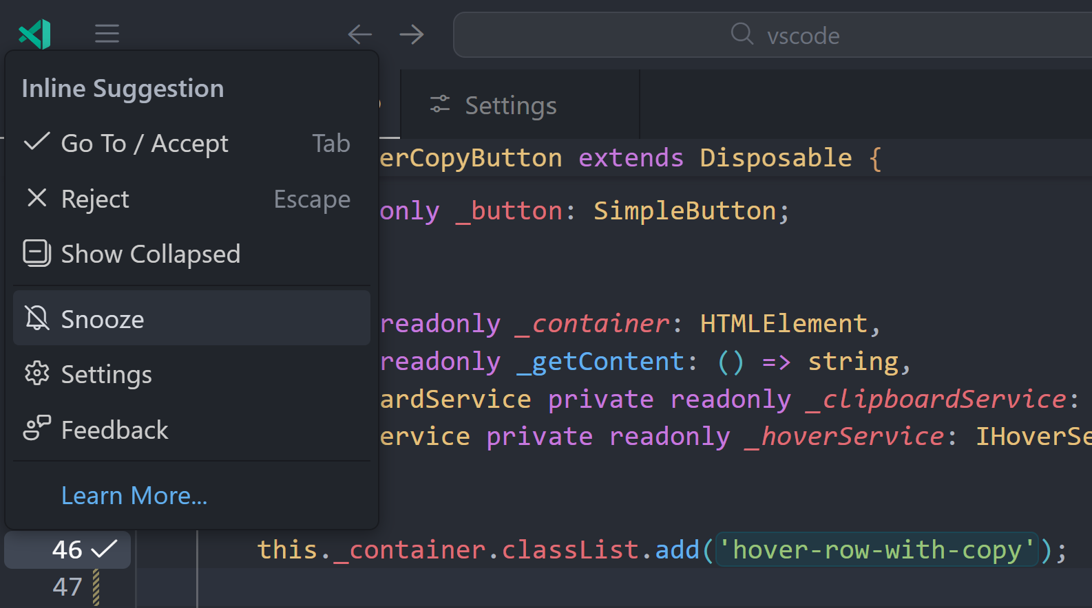 インライン提案を一時停止（スヌーズ）
