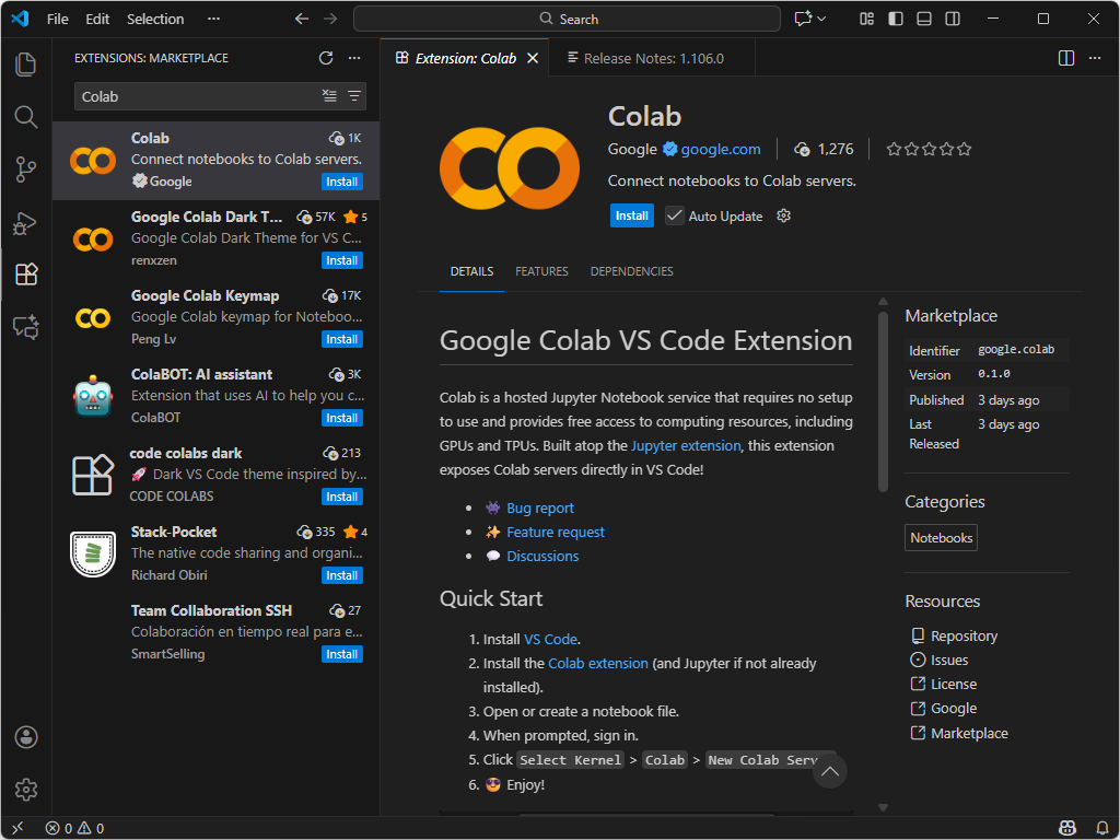 「Google Colab」拡張機能v0.1.0