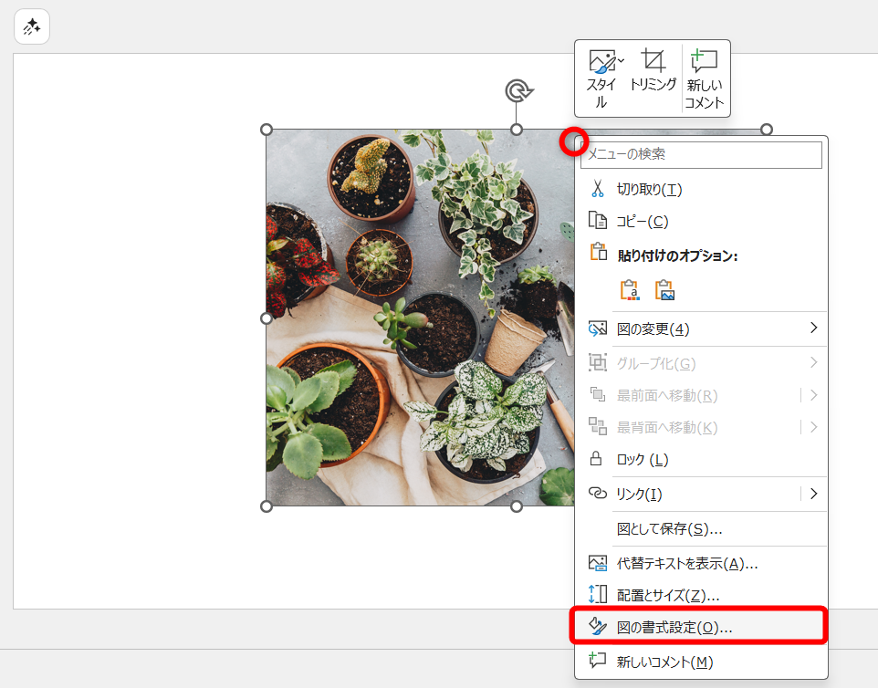 任意の画像を挿入しておく。画像を右クリックして［図の書式設定］を選択する