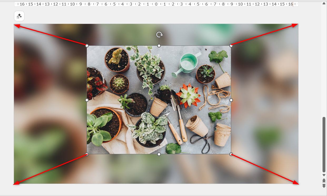 リセットした図形のハンドルをドラッグして、スライドいっぱいに拡大しておく。スライド範囲からはみ出しても問題ない