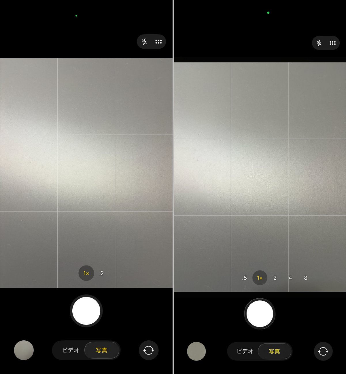 カメラアプリの標準倍率はiPhone Air（左）が1/2倍、iPhone 17 Pro Max（右）は0.5/1/2/4/8倍と幅広い。またデジタルズームは40倍まで対応する