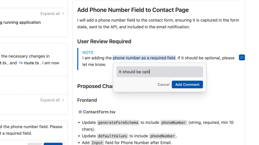 アーティファクトにコメントをつけて、エージェントにフィードバック。改善タスクを反復して完成度を高められる