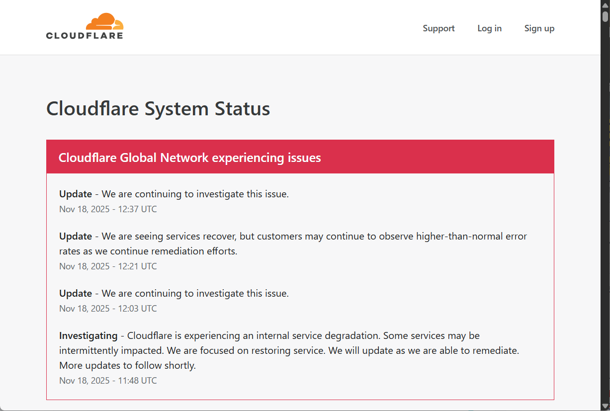 「Cloudflare」のグローバルネットワークに障害