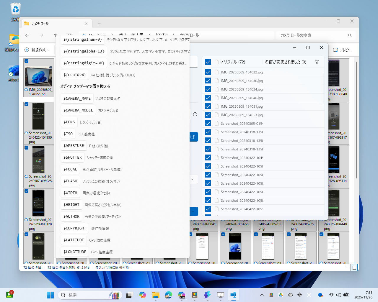 写真のメタデータ（EXIF、XMP）をもとにファイル名を変更できるように