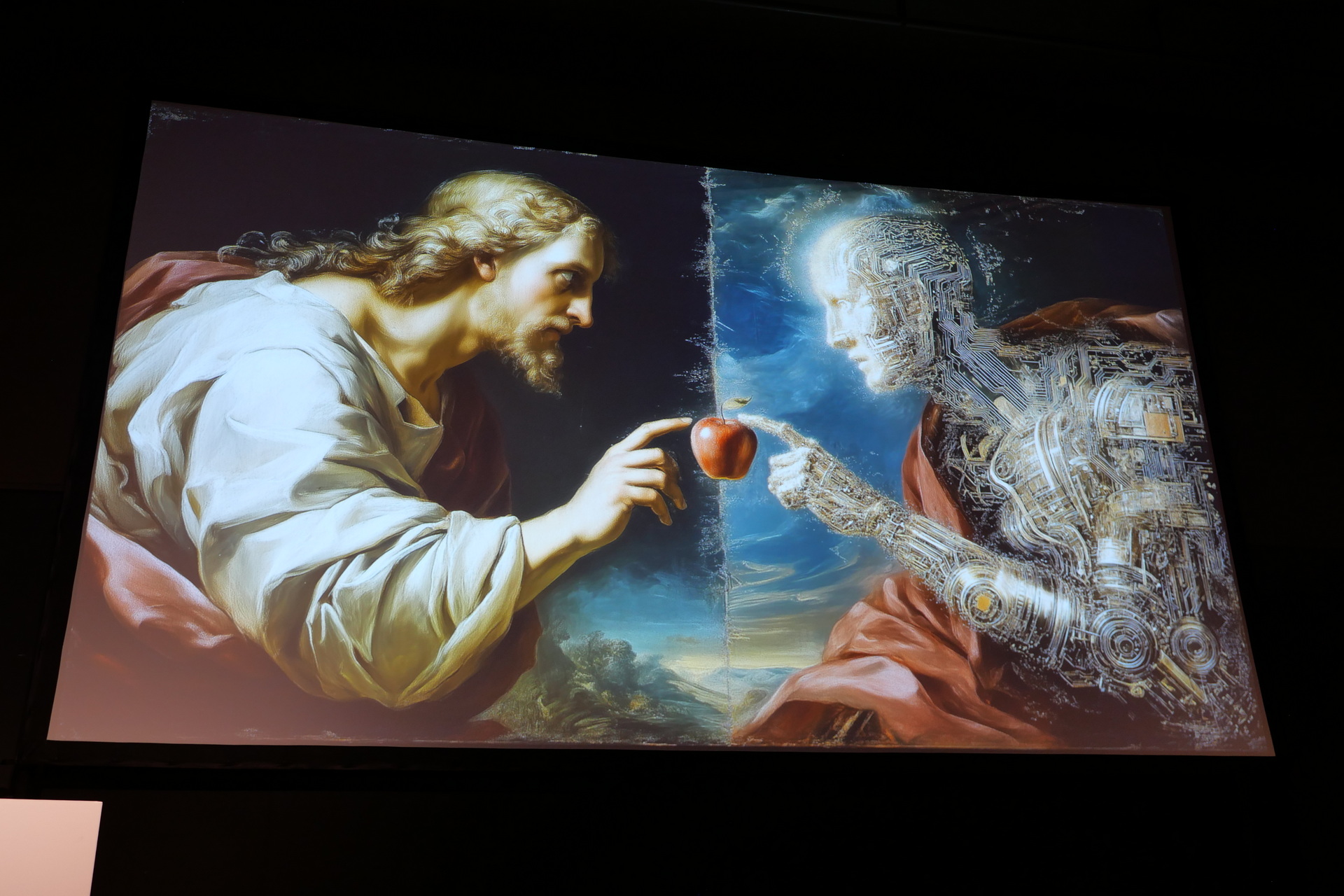 AIの奇跡と疑問を、人類や伝統的芸術を表現した古典絵画風の人物と、現在のAI技術を表現した人型の機械が向き合い、知恵の象徴であり、現代の技術革新を表現したリンゴを受け渡すという構図で表現