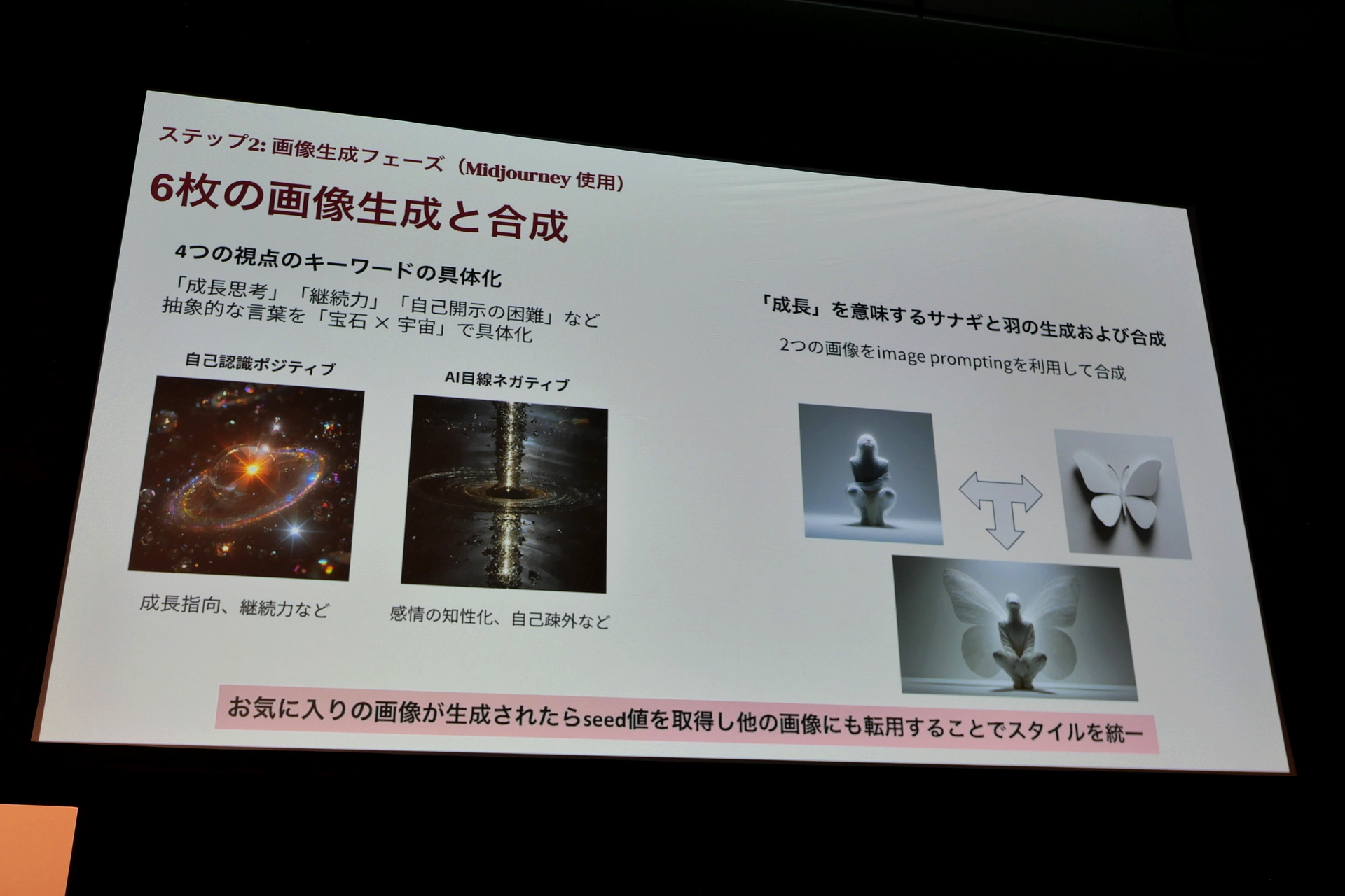 40時間、326問の自己理解を実施して自分目線とAI目線でポジティブ、ネガティブの計4つのキーワードを抜粋し、そのキーワードをもとに画像を生成