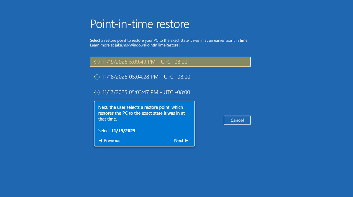 直近72時間以内の復元ポイントを選べる
