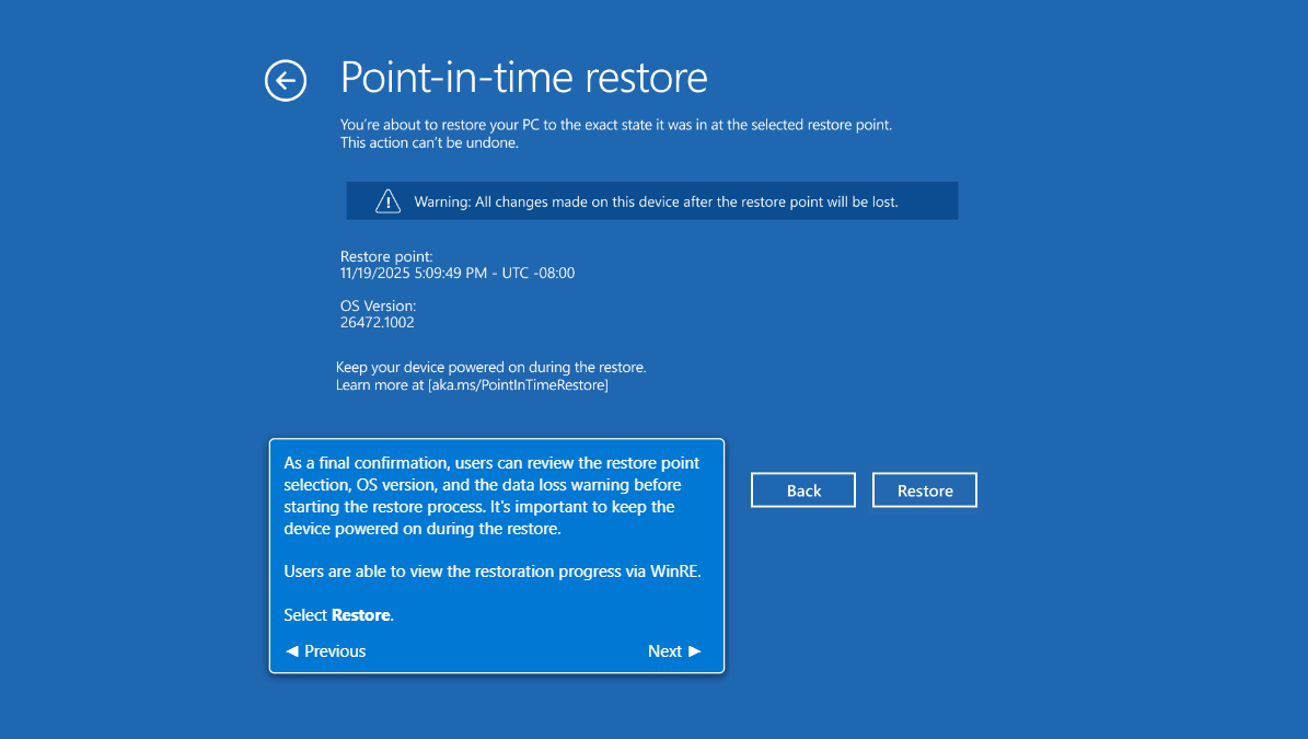 復元ポイント以降の作業内容は失われる