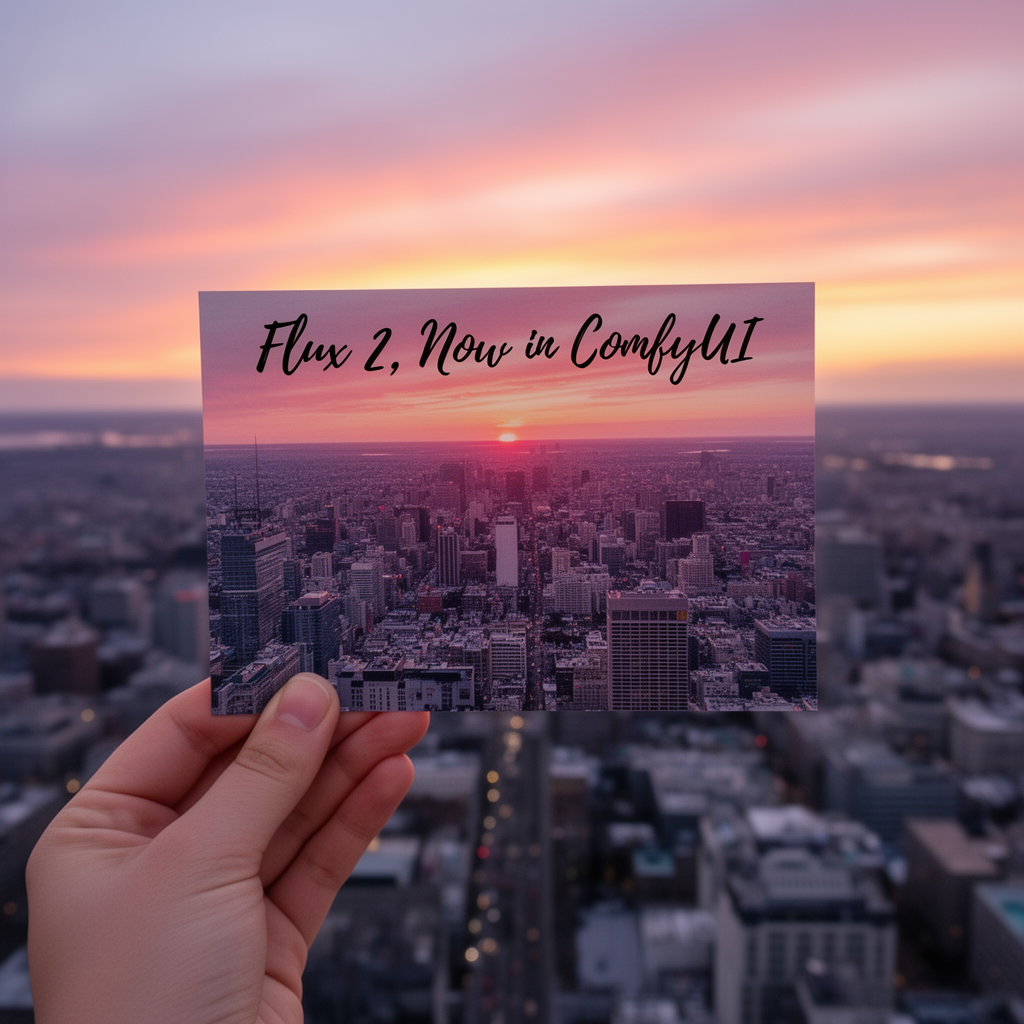 『それをポストカードにして持たせて、さらに文字も入れて』で、レンダリングされた画像