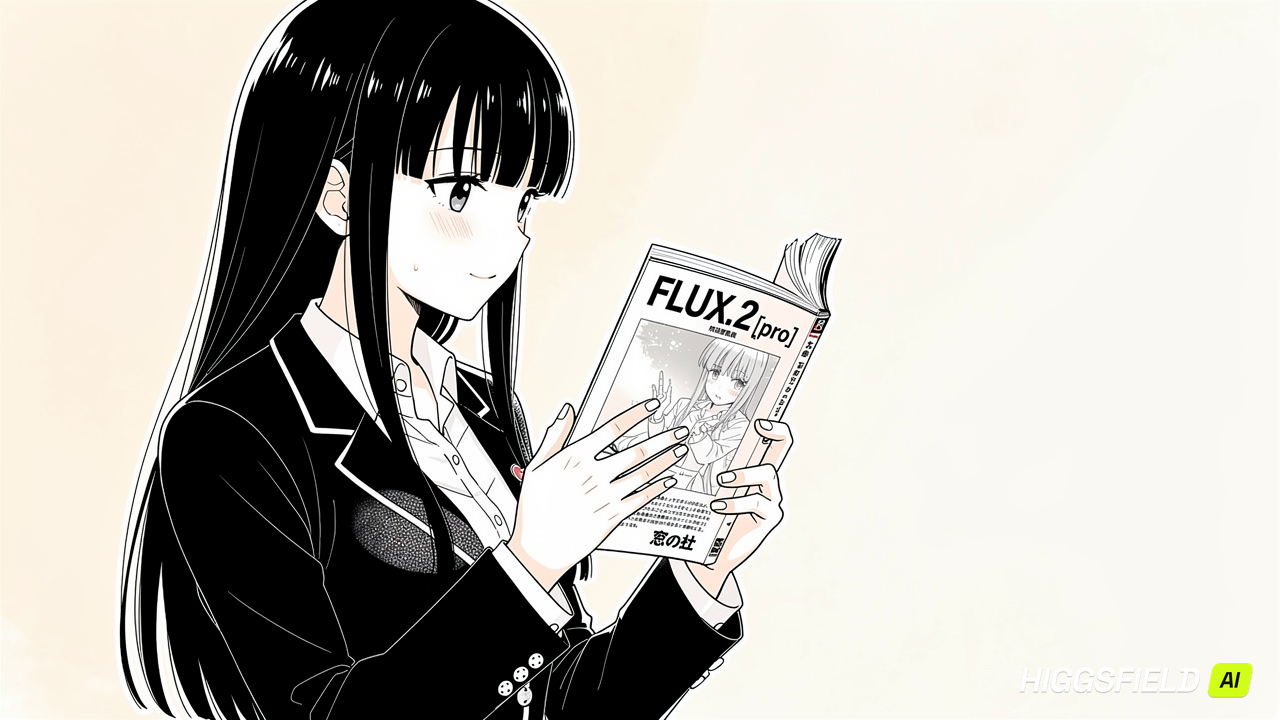 プロンプト『1girl,manga style,white outline,sketch,black long hair,blazer,upper body.she is locating on the left side, reading a manga of "FLUX.2 [pro]", "窓の杜".』で生成した漫画風画像