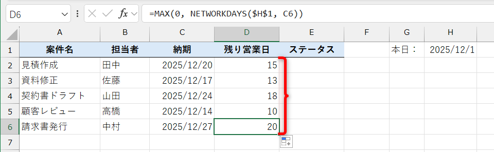 数式をコピーすれば、それぞれの納期までの日数が求められる