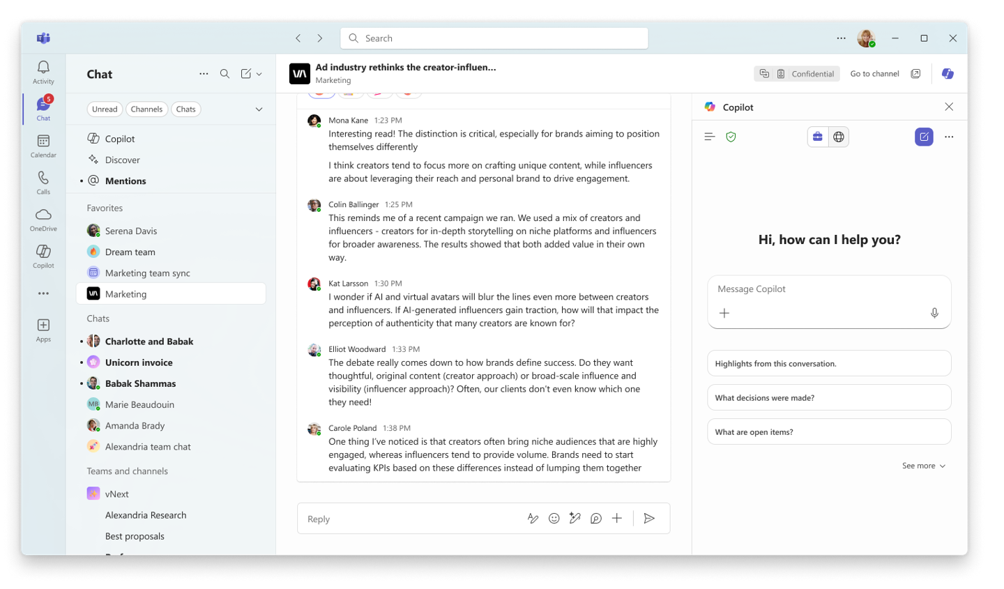 Copilotがチャット、チャネル、会議で統合