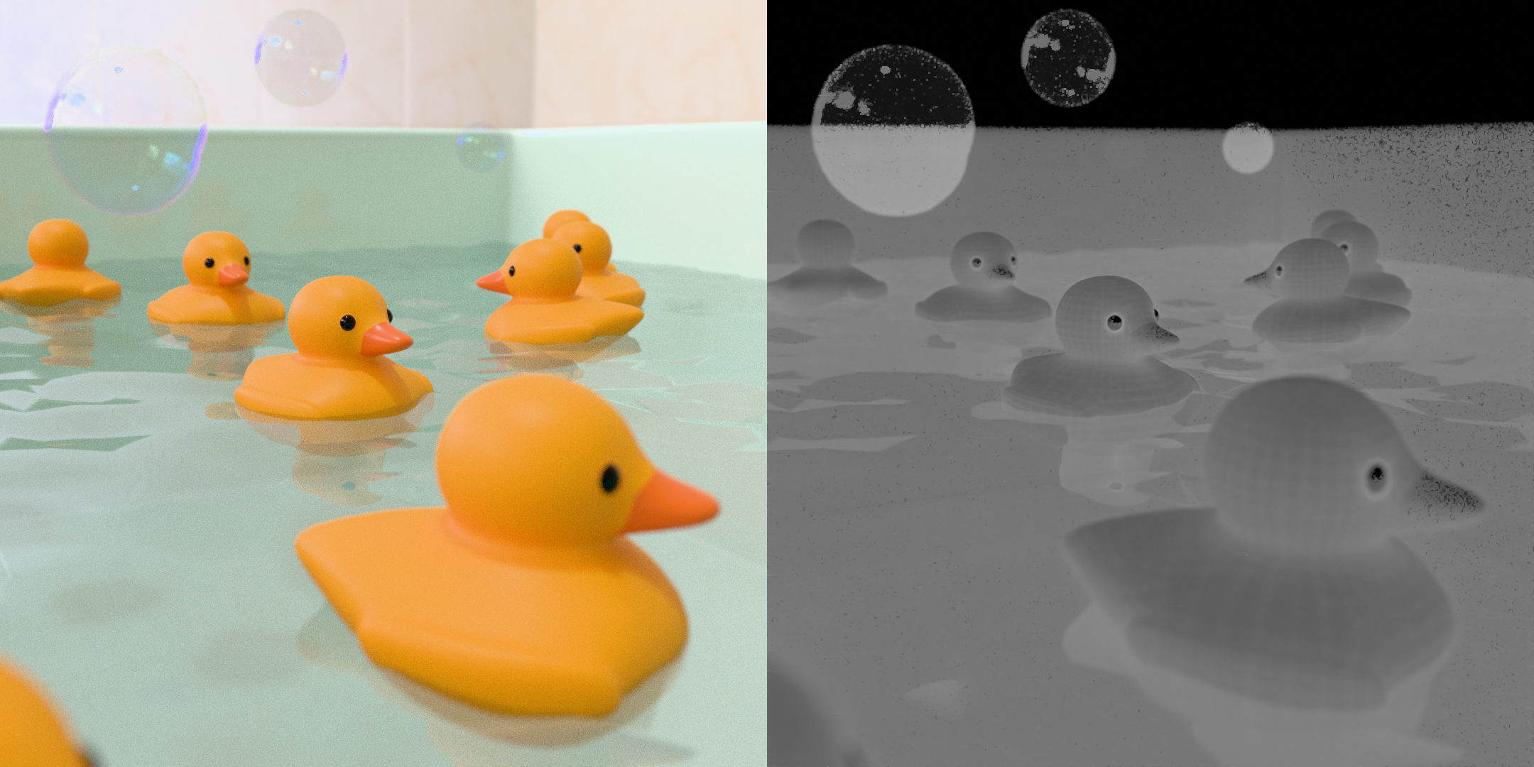 アヒル画像での「レンダリング時間」パスのレンダリング例。明るくなるに従い時間がかかっている。そのままでは湯船部分が真っ白になるため、乗算ノードで調整している