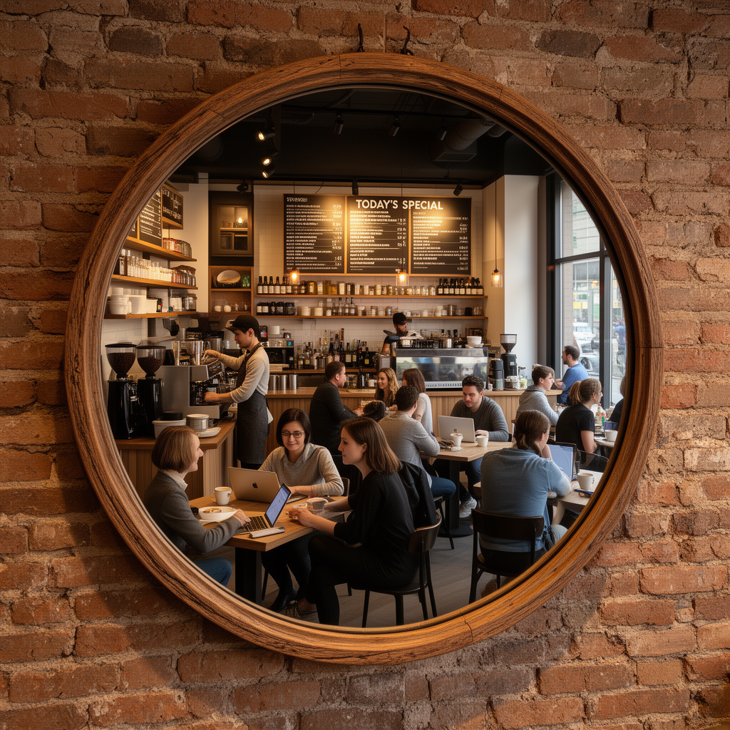 生成された鏡越しに見るコーヒーショップの写真