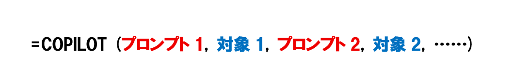 COPILOT関数の構文。引数［プロンプト］には「"」（ダブルクォーテーション）で囲んだ指示、［対象］には処理の対象にするセル範囲を指定します。