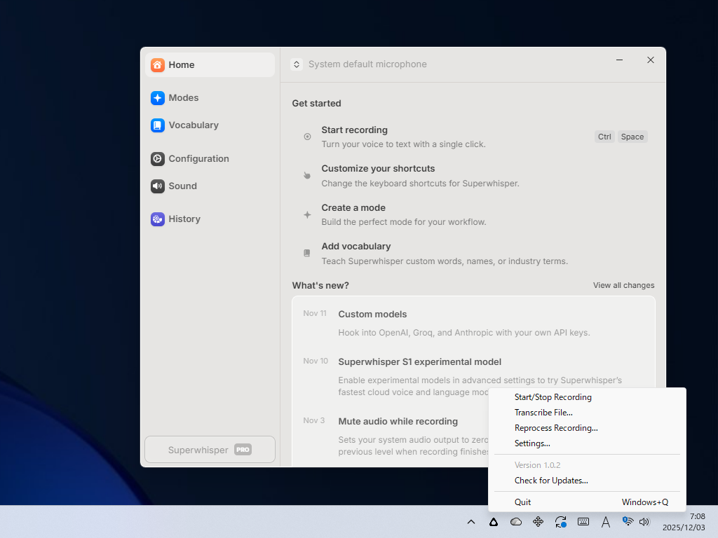 タスクトレイ常駐型のアプリ。設定画面へは、タスクトレイアイコンの右クリックメニューからアクセス可能。