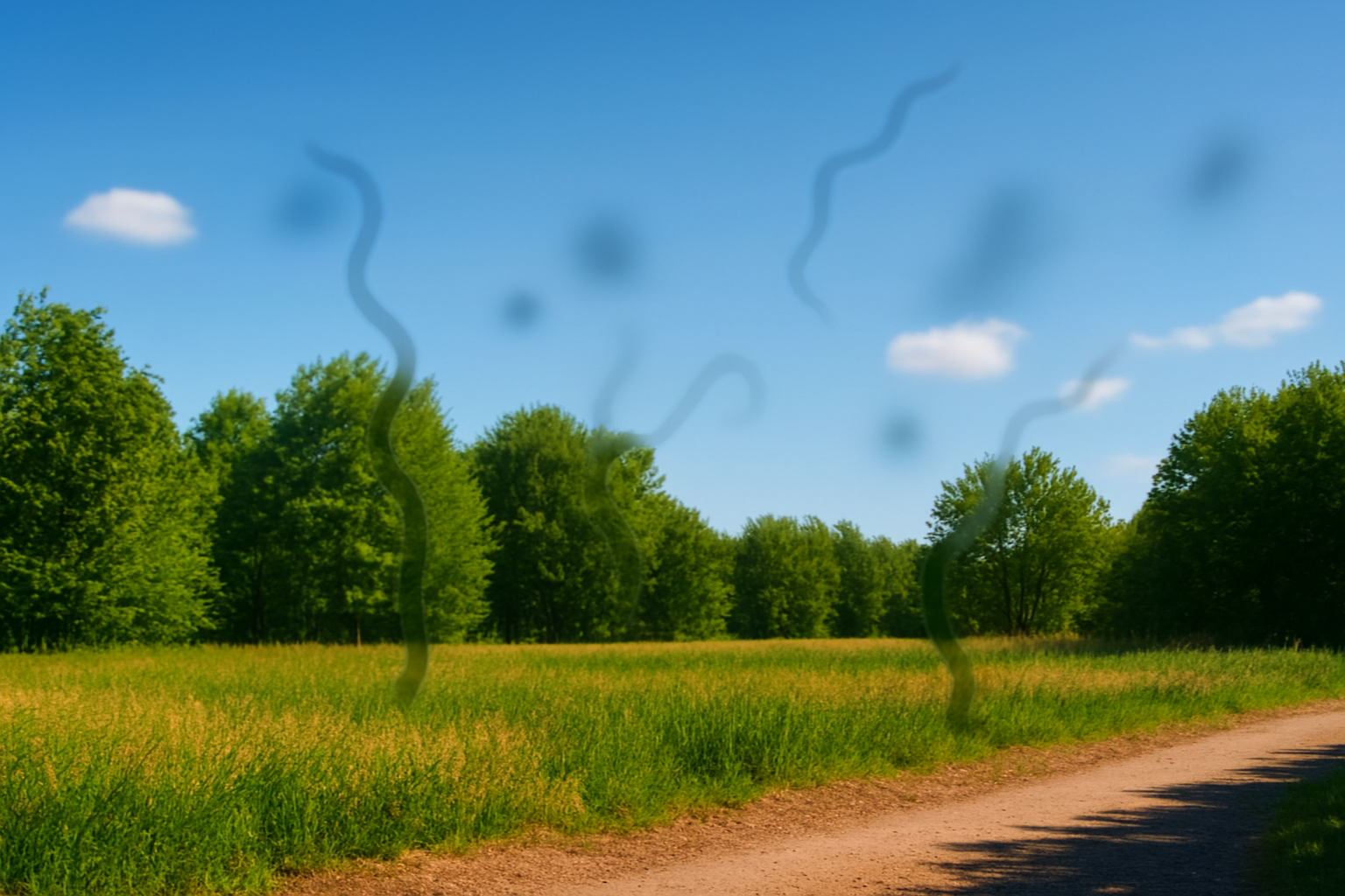 飛蚊症のイメージ。筆者は小さい頃から飛蚊症持ちだが、後部硝子体剥離の飛蚊症はより濃く見え、かたまりのようなサイズのものも多い